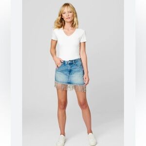 NWT BLANK NYC BRIGHT MOMENTS Denim and Rhinestone Fringe Mini Skirt Size 26